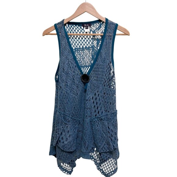 Lily Blue Open Work Polyester Crochet Overlay Sleeveless Top Size S - Picture 1 of 3